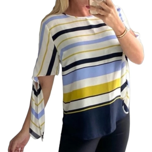 Ann Taylor Striped Tie  Tee Shirt Style Blouse Blue/Mustard- Woman Medium - Picture 1 of 8